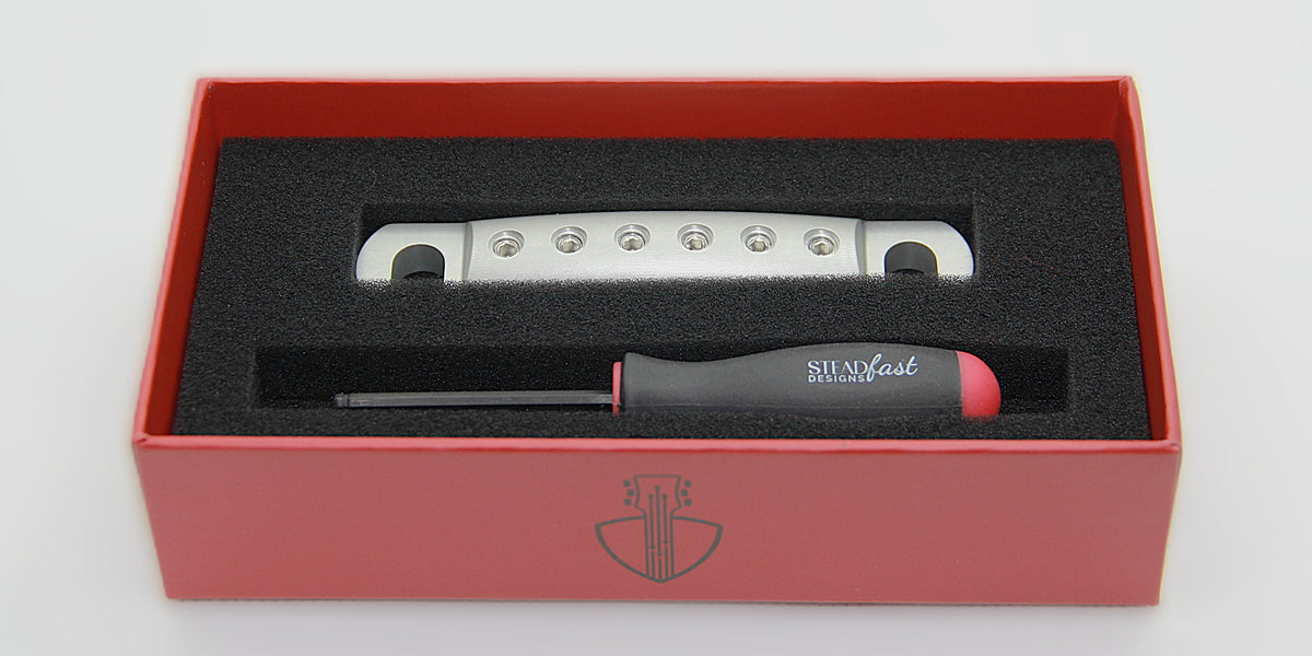 Silver anodized stopbar with packaging, branded hex tool, and reversible foam pick holder