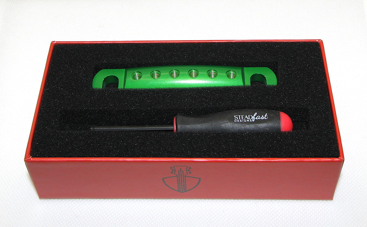Bright green anodized Steadfast Stopbar in its presentation box with the Steadfast hex driver. Best Quality