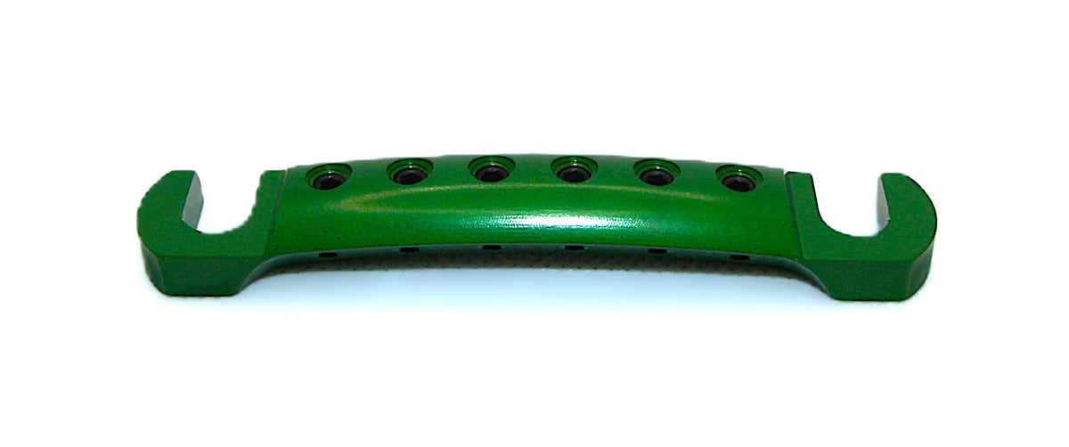 Rear view of the bright green anodized Steadfast Stopbar and its curved top profile. Best Quality