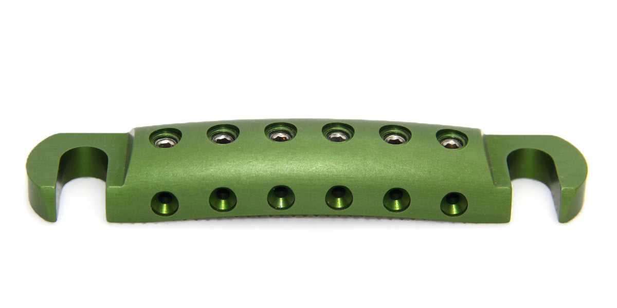 Green Anodized guitar stopbar with stainless steel screws.