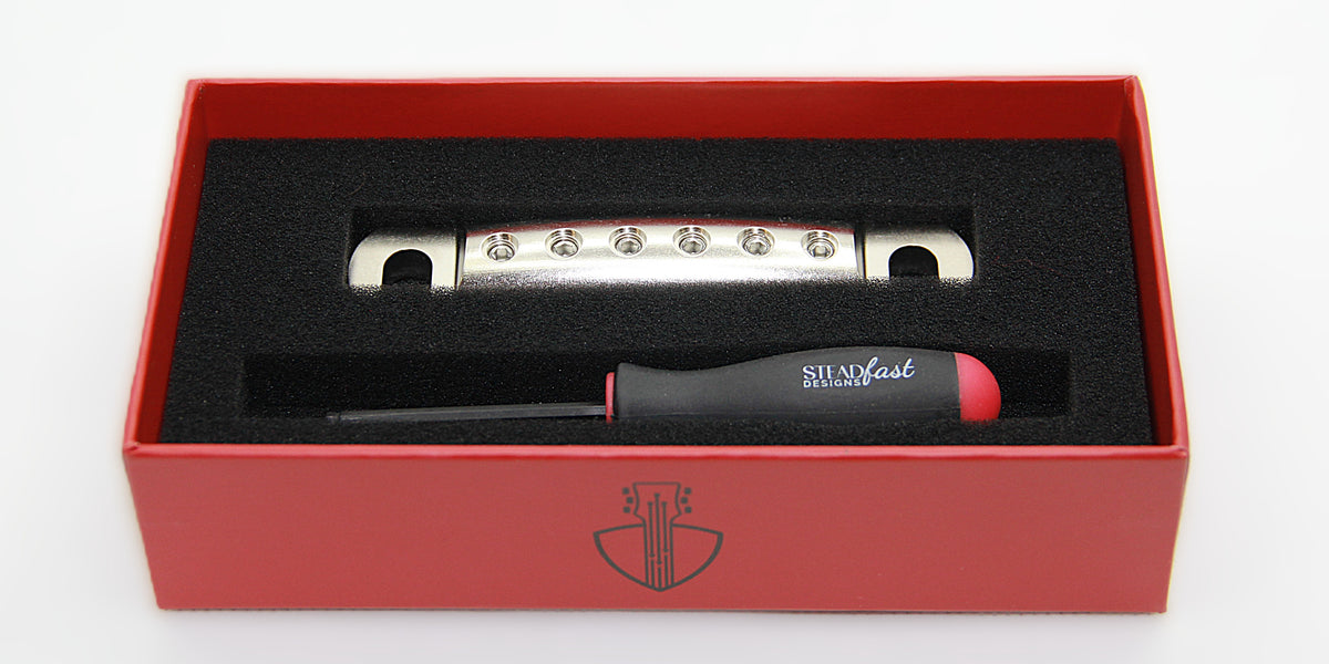 Guitar Stopbar with nickel plating in box with hex tool.  Lightweight Aluminum CNC locking.