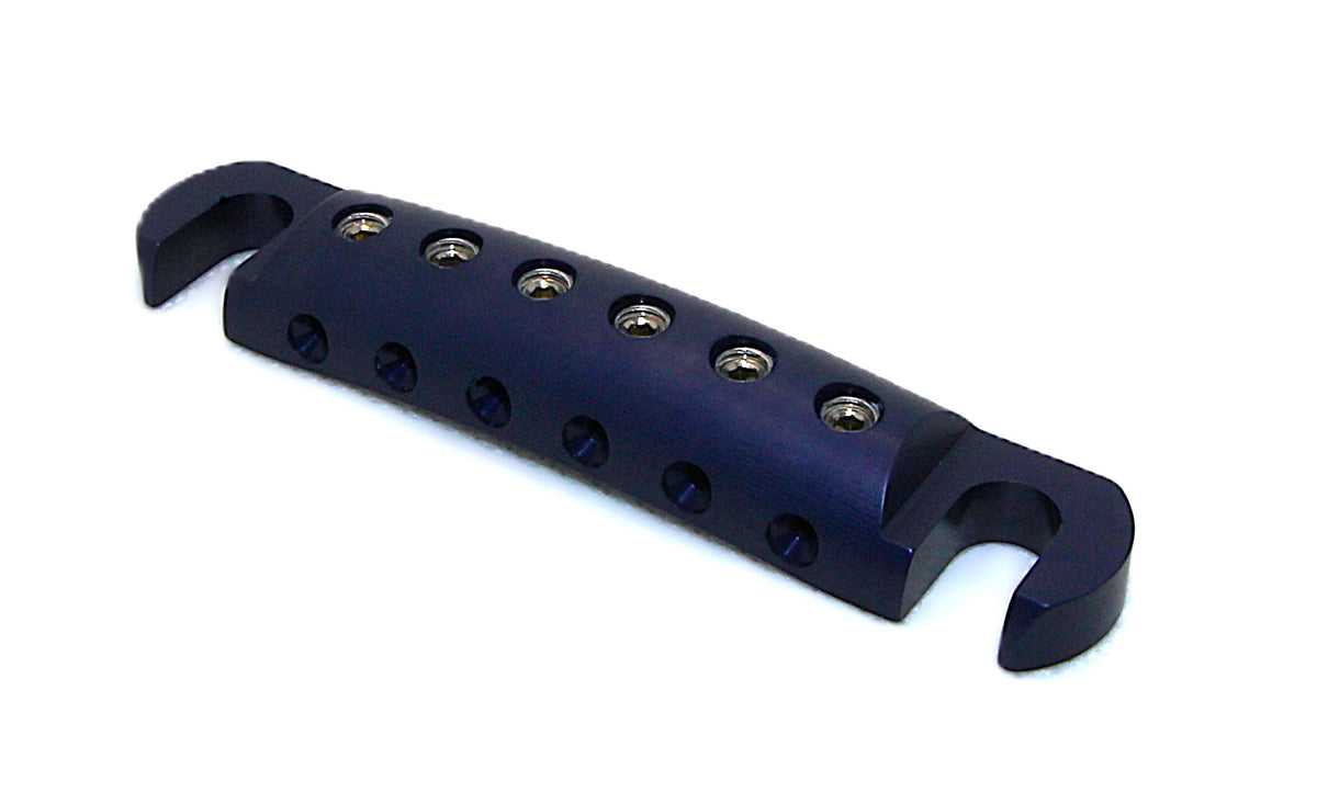 Navy blue anodized Steadfast Stopbar at an angle, showing the six string-locking set screws. Best Quality